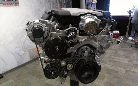 The front view of the 2014 Chevrolet Corvette's LT1 V8 engine.
