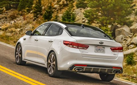 The 2016 Kia Optima SXL is shown above, but this model is visually similar to the EX.