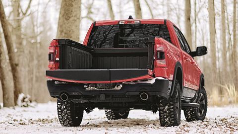 The new-for-2019 Ram Multifunction tailgate, a $995 option for 1500 pickups, features a 60-40 side-by-side split as well as regular fold-down functionality.