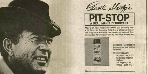 Good for Le Mans winning and chicken farming alike, Carroll Shelby presents Pit-Stop deodorant.