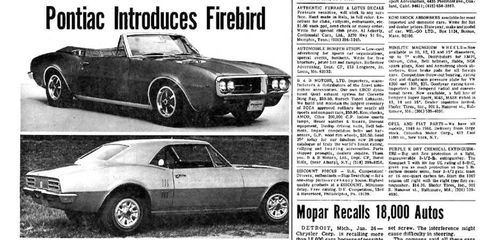 Headlines from Autoweek in early 1967 heralded the arrival of a new Pontiac ponycar, the Firebird.