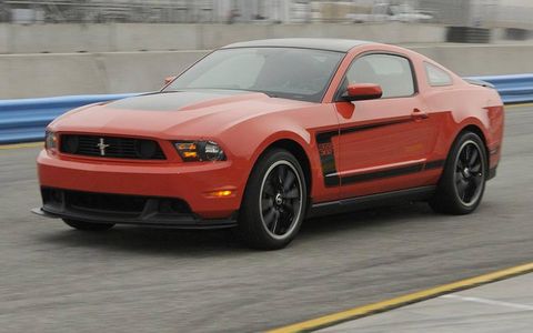 The 2012 Ford Mustang Boss 302 gets 444 hp and 380 lb-ft from its 5.0-liter V8.