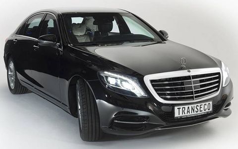 The 2014 S-class by Transeco-Bremen GmbH features the highest level of armoring for passenger vehicles, the CEN standard equivalent of B6/B7.