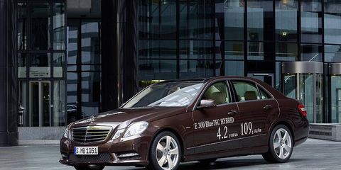 Mercedes-Benz revealed two E-class hybrids on Monday, ahead of their public debut in January at the Detroit auto show. The E300 hybrid is shown.