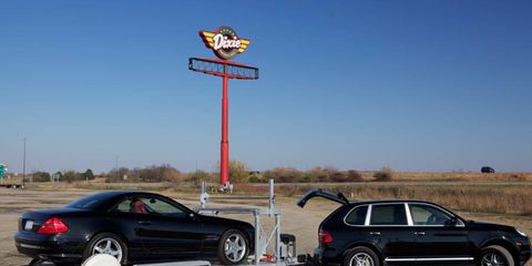 The trip west was made with a Porsche Cayenne towing a trailer loaded with a Mercedes-Benz SL. This is at the Dixie Truck Stop in Normal, Ill.
