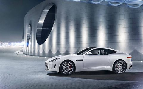 Here is the F-Type R Coupe in front of an impossibly trendy building.