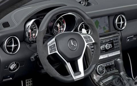 The interior of the 2012 Mercedes-Benz SLK55 AMG is comfortable and pleasing. Material quality is excellent, lending to its overall elegance.