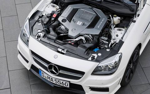 The naturally aspirated, 5.5-liter V8 engine is the critical element in the 2012 Mercedes-Benz SLK55 AMG.