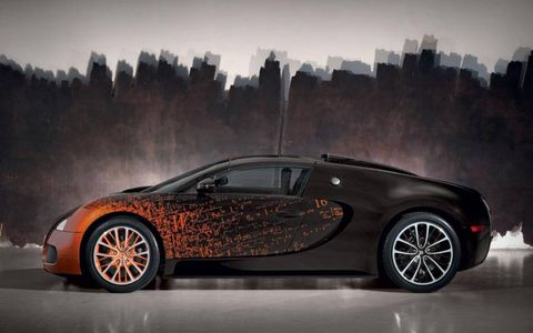 The Bugatti Grand Sport by Bernar Venet uses engineering equations as the paint fades from orange to black.