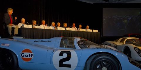 This Porsche 917 sat before a Hall of Fame list of endurance race-car drivers during a panel discussion at the Amelia Island concours.