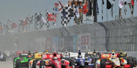 The IndyCar field at the start of the season-opening race in St. Petersburg, Fla.