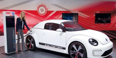 The Volkswagen E-Bugster, shown at the Detroit auto show, will be shown roofless in Beijing to preview the new Beetle convertible.