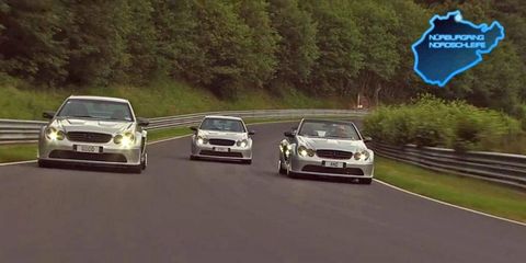 A trio of highly modified Mercedes-Benz AMG CLK DTM cars assault the Green Hell.