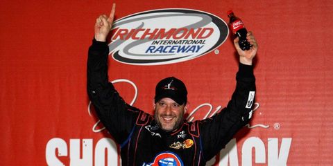 Reigning Sprint Cup Series champion Tony Stewart won the race that fellow driver Denny Hamlin promotes for his own charity foundation, which benefits cystic fibrosis awareness and research.