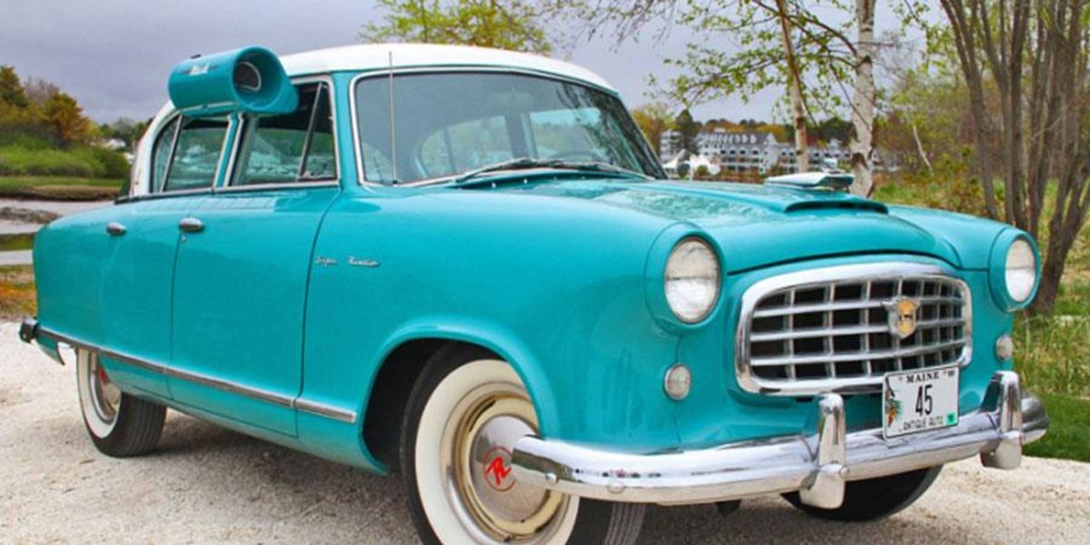 This 1955 Nash Rambler Custom Super sedan comes with vintage swamp cooler in color-matched turquoise.
