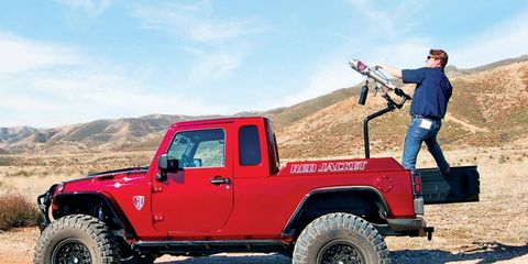 The Red Jacket Jeep is based on a Wrangler with the JK8 pickup conversion kit.