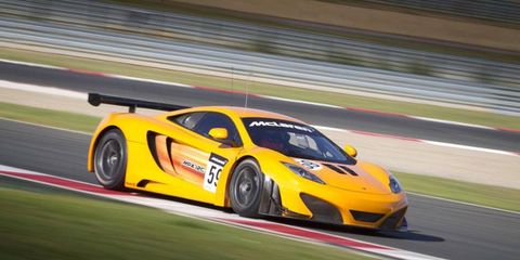 A McLaren MP4-12C GT3 takes the track for testing.