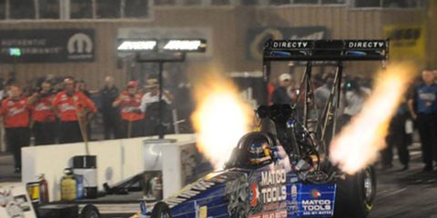 On Saturday, NHRA qualifying was pretty much the same as it was on Saturday. Antron Brown, above, was again the No. driver in Top Fuel.
