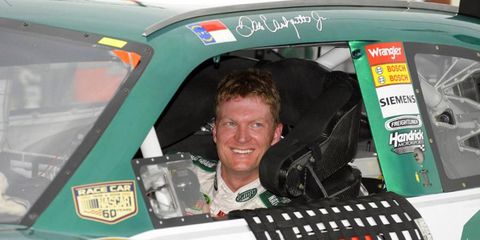 Dale Earnhardt Jr. is all smiles as he sits in victory lane in 2008. His win at Michigan International Speedway was his last Sprint Cup victory.