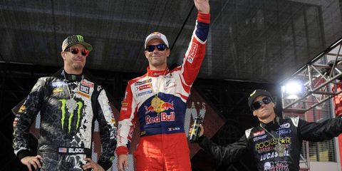 S&eacute;bastien Loeb, center, took the gold, while Ken Block, left, got the silver and Brian Deegan, right, claimed the bronze at the X Games in Los Angeles.