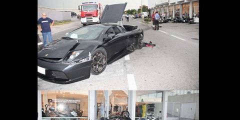 A Lamborghini crashed into a motorcycle dealership, leaving a hefty amount of damage to both parties.