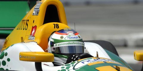 Simona De Silvestro's first race with the newest version of the Lotus engine ended early when the engine failed at Toronto.