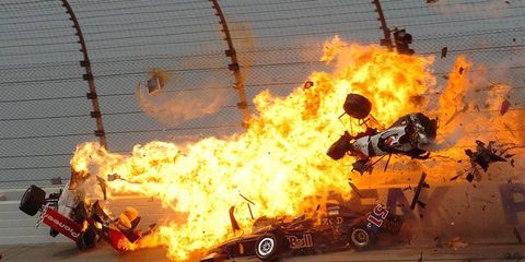 IndyCar driver Ryan Briscoe broke both clavicles in this crash when he went airborne into the fencing at Chicagoland in 2005.