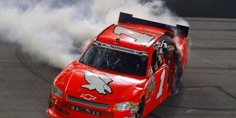 Kurt Busch, shown here celebrating his Nationwide Series win at Daytona, is getting back into a truck this weekend for the first time since 2001.