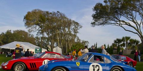Historic Ferrari race cars, like these GTOs seen at the 2012 Amelia Island concours, are among the featured marques at this year's Radnor Hunt concours.