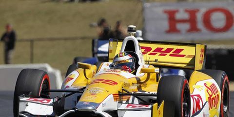 Ryan Hunter-Reay leads Alex Tagliani at Sonoma last week. The photo foreshadows what happened later in the race as Tagliani tried to make a move and  wrecked Hunter-Reay.