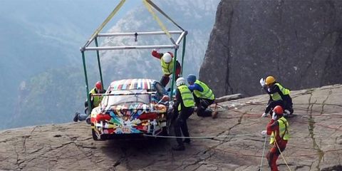 The car was placed 1,982 feet above sea level, overlooking the Lysefjord.