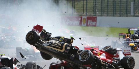 Romain Grosjean went airborne during the first-lap crash at Spa. He was later suspended for the Italian GP for his role in the crash.