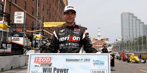 Will Power's pole at Baltimore increased his points lead to 37 over Ryan Hunter-Reay in the IndyCar championship chase.