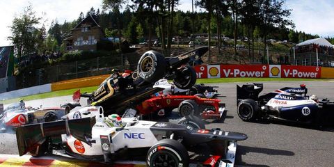 Formula One driver Romain Grosjean was suspended for last week's Italian Grand Prix after stewards determined his actions caused this crash at Spa. The suspension was the first in F1 since 1994.