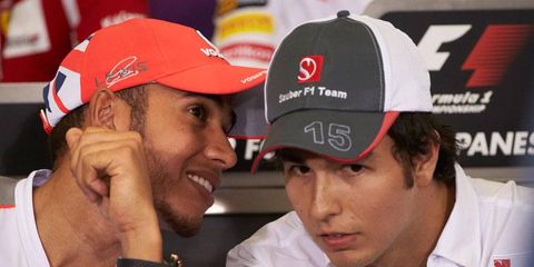 Formula One driver Sergio Perez, right, will be replacing Lewis Hamilton, left, at McLaren next season. Hamilton is heading to Mercedes.