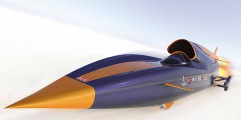 An artist's rendering of the Bloodhound SuperSonic Car traveling at an absurd rate of speed.