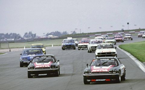 Pierre Dieudonne/Pete Lovett, Jaguar XJ-S, leads Tom Walkinshaw/Chuck Nicholson, Jaguar XJ-S. 1982 Tourist Trophy, Silverstone, England.