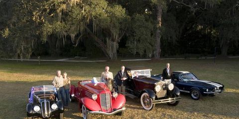 The winners, from left: 1937 BMW 328 Roadster was named Best in Show; 1936 Auburn 852 Boattail Speedster named People&#8217;s Choice winner; 1928 Isotta Fraschini Tipo 8A55 named Most Oustanding Pre-1948; 1967 Shelby GT500 named Most outstanding Post 1948.