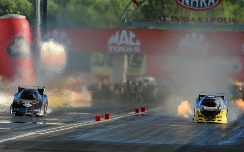 Todd Lesenko, right lane, leaves the starting line at the Mac Tools U.S. Nationals in Indianapolis.
