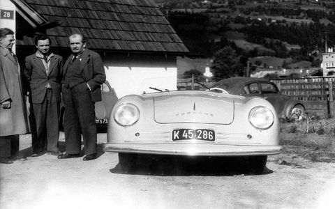 The 1948 Gm&uuml;nd 356, with Erwin Komenda, Ferry Porsche and Ferdinand Porsche.