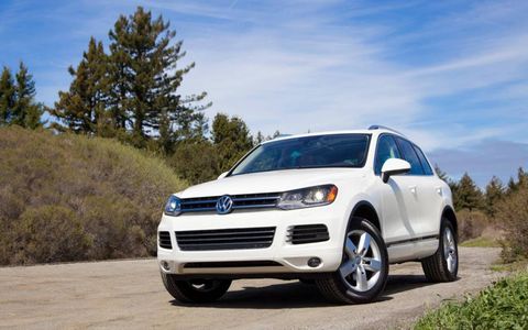 The 2012 Volkswagen Touareg TDI is powered by a 3.0-liter turbocharged diesel making 225 hp and 406 lb-ft of torque.