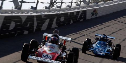 Historic Formula Vee cars take a lap of honor around Daytona International Speedway on Jan. 26 before the start of the Rolex 24 Hours of Daytona.