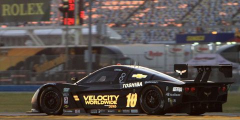 The  No. 10 Corvette DP of Max Angelelli, Jordan Taylor, and Ryan Hunter-Reay led the Rolex 24 Hours at Daytona as dawn broke on Sunday.