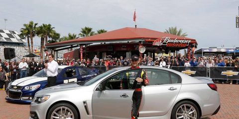 Jeff Gordon shows off the new Chevrolet SS at Daytona International Speedway on Saturday.