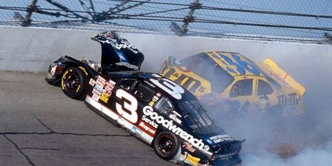 Dale Earnhardt, driving the No. 3 Chevrolet, was killed in this accident on the final lap of the 2001 Daytona 500.