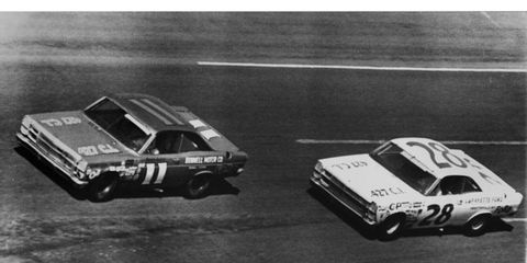 Mario Andretti (11) and Fred Lorenzen (28) drove Ford Moody's to a 1-2 finish at the 1967 Daytona 500.
