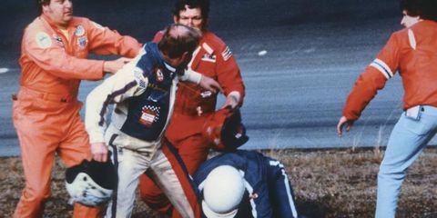 A photo from one of racing's most famous fights: Donnie Allison and Cale Yarborough from Daytona in 1979.