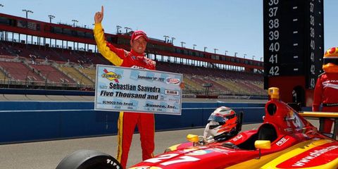 IndyCar driver Sebastian Saavedra celebrated a pole position at the Indy Lights race at Fontana last season.