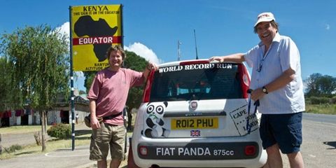 Paul Brace (left) and Philip Young pose next to their record-setting Fiat Panda in Kenya.