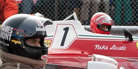 Chris Hemsworth and Daniel Br&uuml;hl star as Formula One rivals James Hunt and Niki Lauda in the movie "Rush," directed by Ron Howard.